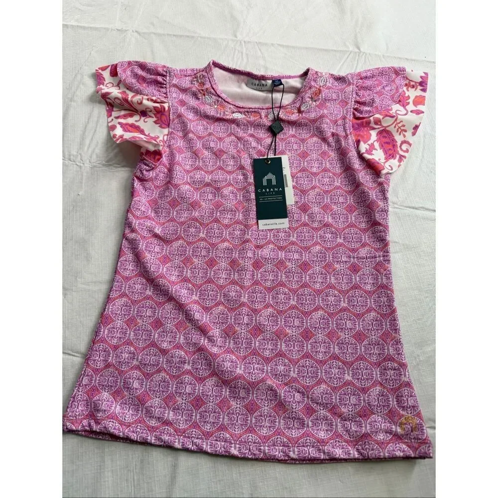 NWT Cabana Life Pink Amelia Island Ruffle Rash Guard Top Size 10 New